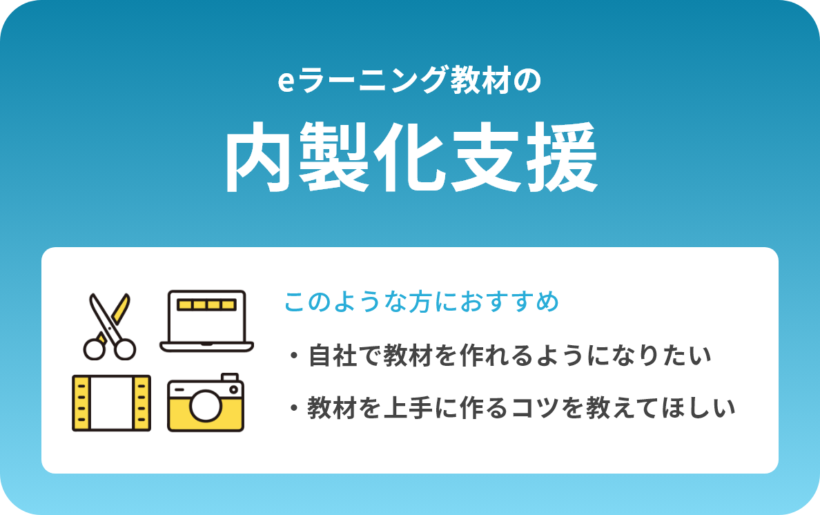 eラーニング教材の内製化支援　このような方におすすめ ・自社で教材を作れるようになりたい・教材を上手に作るコツを教えてほしい