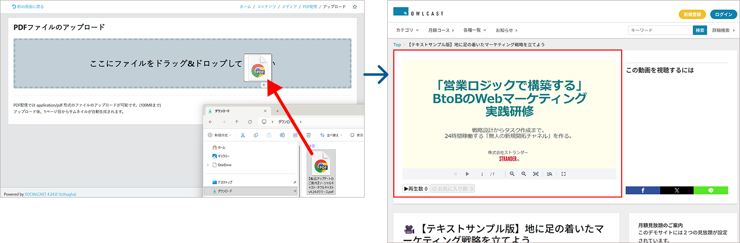 図:オウルキャスト管理画面「PDFファイルのアップロード」画面およびフロント側のPDF閲覧画面